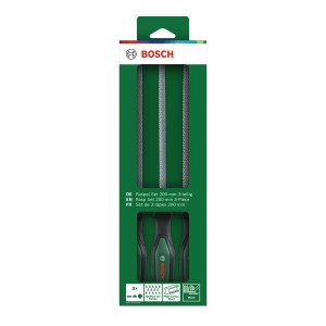 Set de râpes Bosch DIY, 3 pièces : Râpes à bois (plate, demi-ronde, ronde) dans une boîte verte.