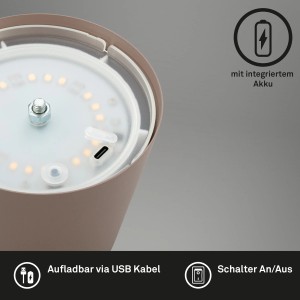 Dettaglio della lampada da tavolo a batteria Brilo Kiki color sabbia ombra, che mostra la porta USB e la luce LED.