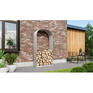 Vitavia Ardor 401 haut range-bûches en zinclume, rempli de bûches.