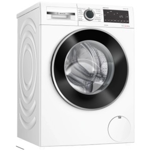 Lavasciuga Bosch Serie 6 bianca con oblò nero e display digitale.