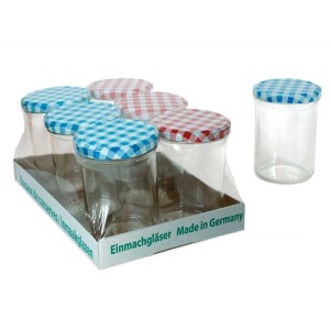 6er-Set Einmachgläser (440 ml) mit blau-rot karierten Deckeln, ideal zum Einkochen.
