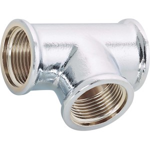 Raccordo a T filettato in ottone cromato 24,1 mm (Rp 3/4) per impianti di riscaldamento e acqua potabile.