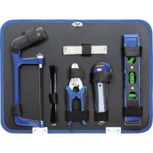 Mallette à outils LUX 129 pièces ouverte : outils visibles comme scie, pince, niveau et couteau.