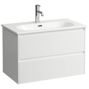 Set mobili bagno Laufen Lua Slim 80 cm: lavabo in ceramica bianco opaco, mobile sospeso con 2 cassetti.