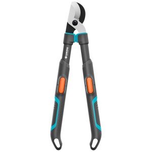 Gardena TeleCut pro S, cesoie da giardino con lame in acciaio e manici grigio-turchesi.