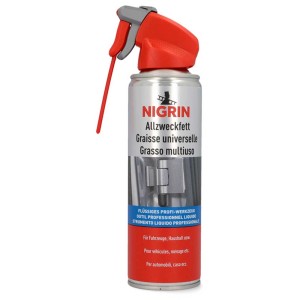 Nigrin Allzweckfett 300ml, bombe avec pulvérisateur et tube fin pour application précise.