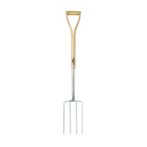 Fourche de jardin en acier inoxydable avec manche en bois, idéale pour le jardinage.