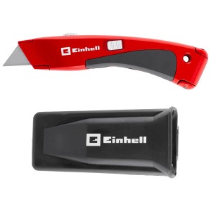 Taglierino per moquette Einhell con bit PH1, corpo rosso e custodia protettiva nera.
