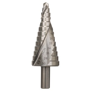 Foret étagé Bosch HSS-TiN, Ø 4-30 mm pour métal. Crée des trous étagés de différentes tailles.