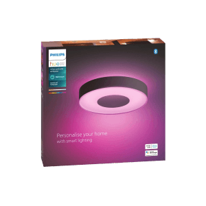 Confezione della plafoniera LED da bagno Philips Hue Xamento nera, con esempio di colore.