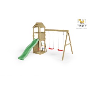 Tour de jeu Flappi lasurée marron avec balançoire et toboggan pour enfants.