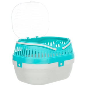 Cage de transport Trixie Pico, 23x16x17cm, turquoise/blanc, pour petits animaux, avec couvercle transparent.