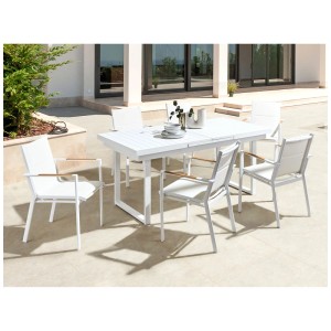 Tavolo da giardino allungabile Beliani Valcanetto in alluminio bianco con sedie.