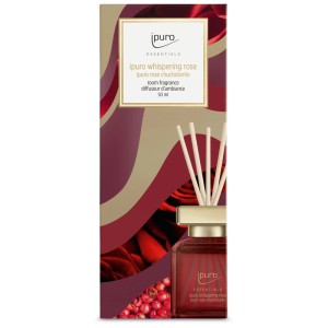 Ipuro parfum d'ambiance Whispering Rose, 50ml, dans un flacon bordeaux avec bâtonnets.