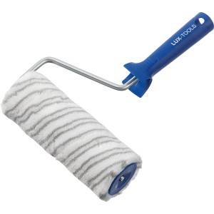 LUX Dispersionsroller 18cm, Polyester, grau-gestreift, Kurzflor, mit blauem Griff.