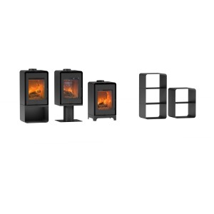 Poêle Ecofox Modula 8 avec différentes options de base et rangement pour le bois.