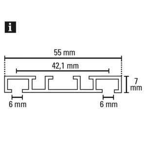 Disegno tecnico di un binario per tende Gardinia in alluminio bianco a 2 vie con dimensioni.