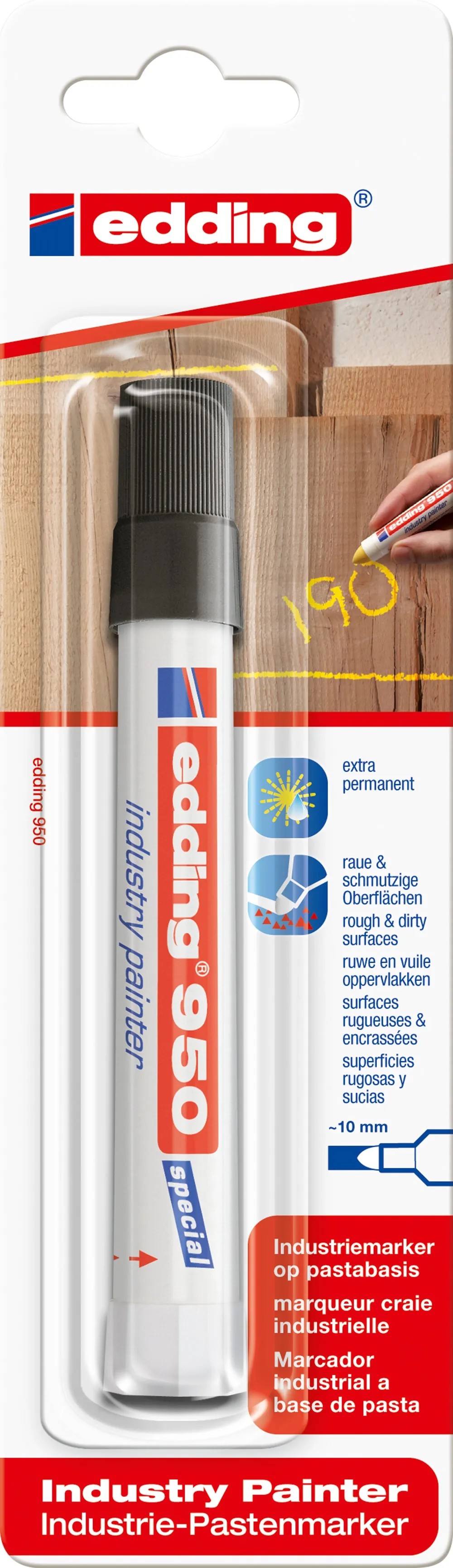 edding 950 industriemarker - zwart - 1 stift - ronde punt 10 mm - marker voor schrijven op metaal, steen, hout - ruwe of natte oppervlakken - permanent, watervast