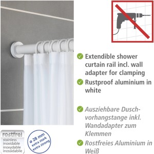Wenko Barre de douche télescopique Luz, blanche, extensible avec rideau et adaptateurs muraux.