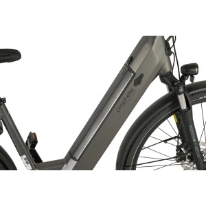 Vélo de ville gris pour femme Prophete City E-Bike Geniesser 3.0 avec moteur central et cadre bas.