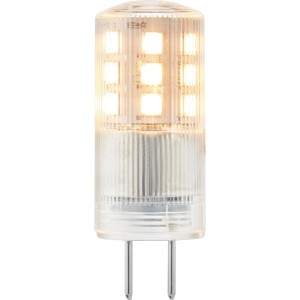 GY6.35 LED Leuchtmittel 2.700 K, 470 lm, 3,3 W. Warmweißes Licht, klare Kunststoffhülle, zwei Pins.