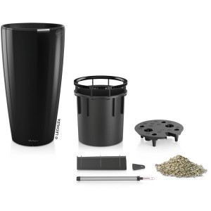 Pot Lechuza Rondo Premium, Ø 40cm, hauteur 75cm, noir brillant, avec accessoires et système d'arrosage.