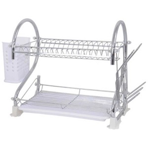 Scolapiatti MSV a 2 livelli in acciaio inox con portaposate, bianco.