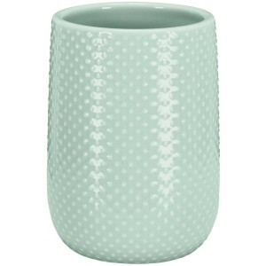 Kleine Wolke Zahnputzbecher Dotty, Eukalyptusgrün, aus Steinzeug mit Punktmuster.