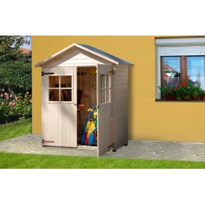 Armoire de jardin Weka avec toit à deux pentes, 163x87 cm, aspect naturel avec double porte ouverte.