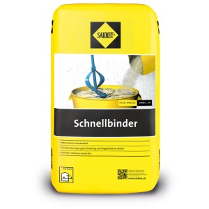 Sac de liant rapide Sakret 5 kg, jaune, avec exemple d'application de mortier dans un seau.