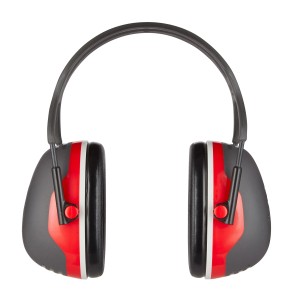 Casque antibruit 3M Peltor X3A : Coquilles grises avec bande rouge et arceau noir.