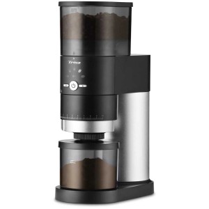 Macinacaffè elettrico Perfect Coffee Grinder nero/argento con chicchi e polvere di caffè.