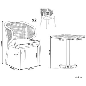 Beliani Ensemble bistro Palmi gris : table (60x60cm) et 2 chaises avec coussins, dimensions sur le schéma.