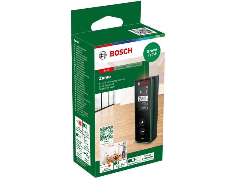 Bosch télémètre laser Zamo 4ème génération (mesures faciles et précises  jusqu'à 25 m, piles rechargeables via le port USB-C®, ajout possible  d'adaptateurs, dans boîte carton pour e-commerce) : : Bricolage
