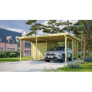 Carport singolo Weka con ripostiglio in legno, auto inclusa. Ideale come riparo e magazzino.