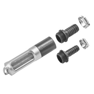 Kit de filtre d'aspiration Gardena avec clapet anti-retour, comprenant un filtre, des raccords de tuyau et des colliers.