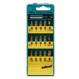 Wolfcraft Bit-Box, set 16 pezzi con attacco PH, PZ, TX, assortiti in scatola con anelli colorati.