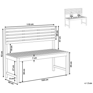Schéma d'un banc de jardin Beliani Treia en acacia marron avec dimensions.