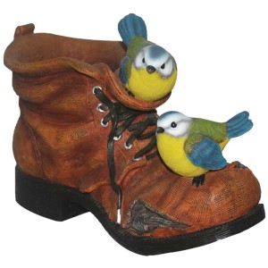 Pflanzgefäß in Schuhform mit Blaumeisen-Design, Gartendeko für Blumen und Pflanzen.