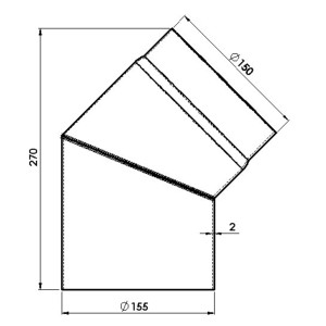 Dessin technique : Coude de tuyau de fumée Firefix, emboîté, sans porte, rigide, gris foncé, Ø 150 mm, 45°