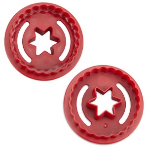 Doppelseitiger, roter Ausstecher in Sternform aus Kunststoff für Linzer Plätzchen.