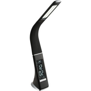 Lampe de bureau LED noire Sophie avec affichage de l'heure, du calendrier et de la température.