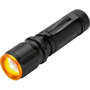 Lampe de poche LED noire avec clip et bordure orange.