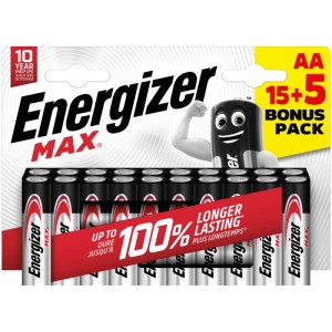 Batterie Energizer Alkaline Max AA, confezione da 20 per lunga durata.