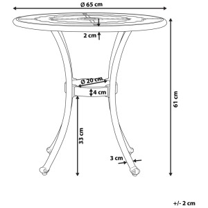 Schizzo del tavolo da giardino Bovino, marrone, Ø 65cm, alluminio, dimensioni: altezza 61cm, piano 2cm, gambe 33cm.