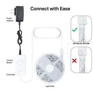 Striscia LED Tapo L930-5, 5m, mostrata con alimentatore, controller e connessione corretta.