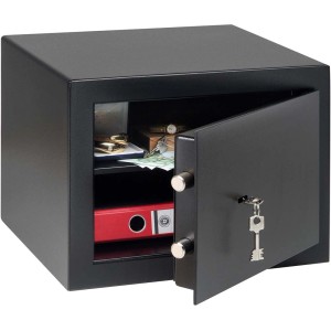 Cassaforte per mobili Burg-Wächter Homesafe H 210 K nera aperta con chiave e contenuto.