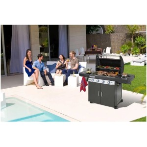 Campingaz Barbecue a gas 4 Series Classic EXS Dark con fornello laterale e quattro bruciatori.