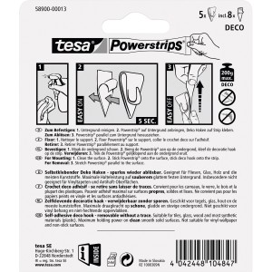 Tesa Powerstrips Deco crochets transparents, 5 pièces avec 8 Powerstrips, pour une fixation facile de décorations.