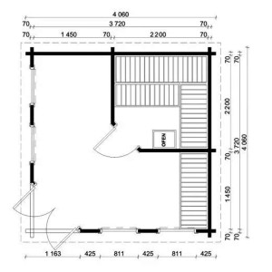 Plan de la sauna de jardin Finntherm Magnus-70, 406x406 cm, naturel. Maison de sauna avec dimensions et agencement.